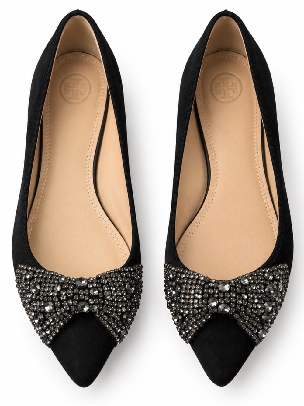 Tory Burch Vanessa Black Suede Leather Crystal Bow Flats US Women Size 7.5M